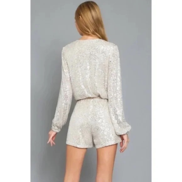 Silver Metallic Sparkling Sequin Long Sleeve Holiday Cocktail Party Romper - Picture 6 of 6